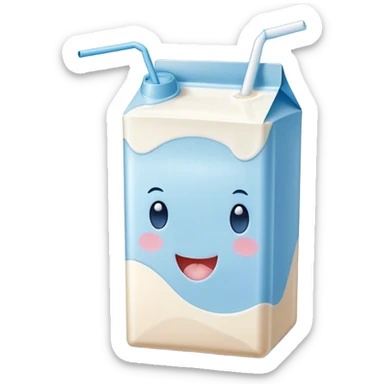 Cute Kawaii Milk Carton, small and boxy, bright pastel blue and white, blushing cheeks, a tiny straw poking out, soft glowing highlights, adorable farm-fresh cuteness! sticker