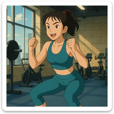 Asian woman doing a routine workout, energetic, fitness attire, gym background sticker