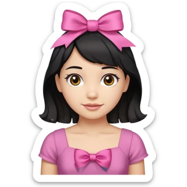 Beautiful girl with short black hair in a half-up half-down hairstyle with pink ribbon tying the top half, waves at the ends, brown eyes, light skin, slight smile, and pink dress sticker