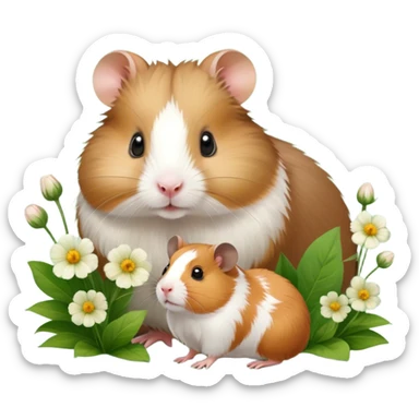 Icon for Hamster and Guinea Pig: A portrait-style collage with a fluffy hamster with soft fur, looking curious, and a friendly guinea pig with long, smooth fur, both on a soft green background with flowers and soft light. Transparent background. sticker