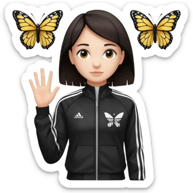 A girl with  medium length, dark hair, fair skin. The style is a butterfly  cut and wore black Adidas track jacket with white stripes on the sleeves. It has a full zipper down the front, a stand-up collar, and the Adidas logo on the right chest emoji sticker