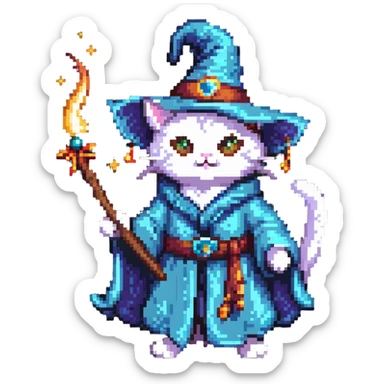 A cat wizard casting a spell with magical staff and flowing robes sticker
