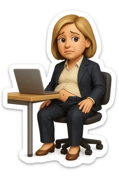 emoji stile iphone di una donna seduta alla scrivania dell'ufficio in completo elegante con i pantaloni sbottonati perché ha la pancia gonfia, falla a corpo intero, iperrealistico 4k sticker