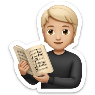 Apple Memoji-style 3D emoji of a composer holding sheet music, soft shading, rounded shapes, no background. sticker