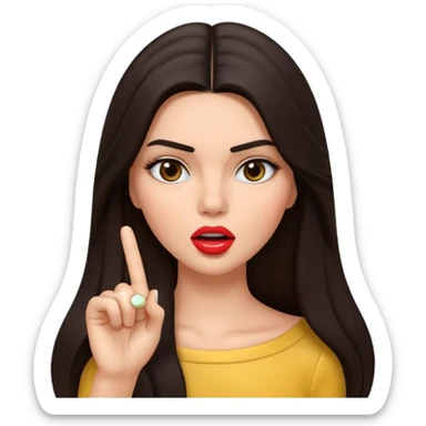 Create a glossy 3D emoji-style illustration of a glamorous brunette model inspired by Kendall Jenner, with long dark hair and defined features, making a “shh” gesture with one finger to her lips. othe hand is not in the picturePlayful, mysterious expression, centered, transparent background. sticker