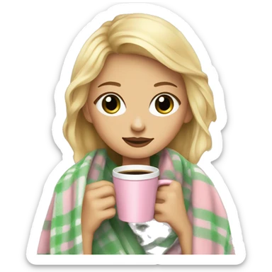 cute dirty blonde girl with green hazel wrapped in pastel pink plaid blanket drinking coffeeemoji sticker