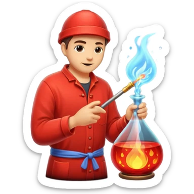 Glassblowing and casting icon, artisan shaping molten glass with a blowpipe, glass being poured into a mold, glowing red-hot glass, delicate patterns, minimalistic style, clean lines, transparent background. sticker