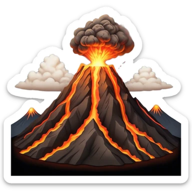 Cinematic Realistic Volcano Emoji, Powerful and awe-inspiring, with molten lava flowing from its jagged, smoking peak, casting an orange glow in the surrounding darkness. The landscape around it is barren and rocky, with clouds of ash rising into the sky. Soft glowing outline, capturing the essence of raw power and fiery energy in a towering volcano. sticker