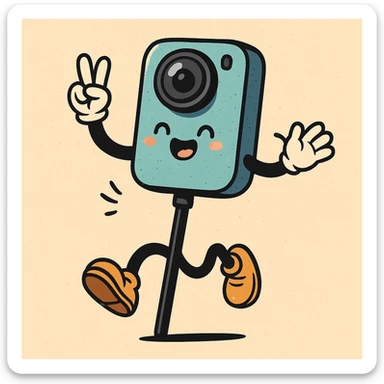Remove any text or name from the design, keep the fun and whimsical cartoon Insta360 camera on a stick character with arms and legs as the main subject, preserving its fun and whimsical cartoon style. sticker