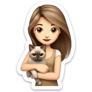 girl with brown eyes brown long hair cute beautiful in her arms holds a Persian cat of Siamese color sticker