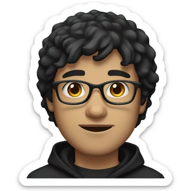 Man, long dark hair with bangs, light skin, blue square glasses, black hoodie sticker