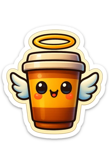 Tall coffee cup, shiney eyes, angel halo, wings sticker