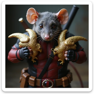 A lifelike rat as Deadpool, gripping two gold Deagles, detailed and realistic style, moody background. sticker