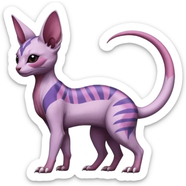 Purple, white, black, Minccino-Nidoran-Sphynx-Lykoi-Linoone-Zangoose-fusion-hybrid-animal-Fakémon-creature, full body, thin long sleek scaly tail, intricate markings sticker