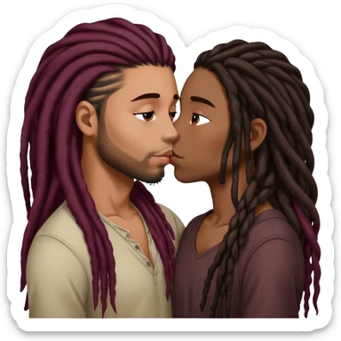 Dark Wine colored hair Latina long hair, kissing young black guy with dreads sticker