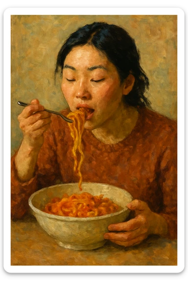 a woman eating food, diverse styles, scene 1 sticker