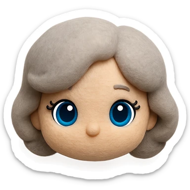 Remove any neck or body, make the blue eyes more vibrant and lively, keep soft fleece texture, pure silver grey hair styled in a 1940s bob, cute plush-style eyelashes, no mouth, no white border, transparent background. Maintain a cute plush style with soft fleece texture and vibrant blue eyes. sticker