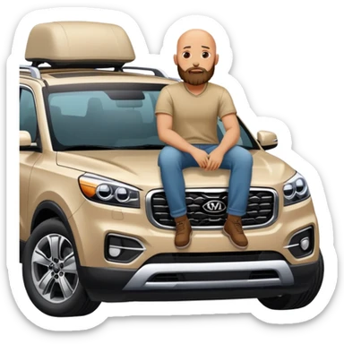 bald man with beard sitting on top of a Kia Mohave SUV sticker