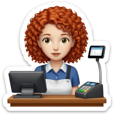 A red-haired curly-haired girl at the cash register sticker