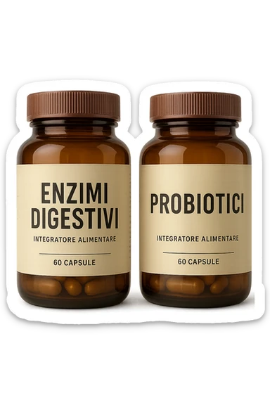 DUE BARATTOLI di integratore con la scritta "ENZIMI DIGESTIVI" E "PROBIOTICI", iperrealistico 4k sticker