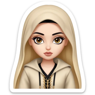 arabian, pretty lips, clothes, very pale skin,  dark brown eyes, pretty bratz baddie, black eyeliner sticker