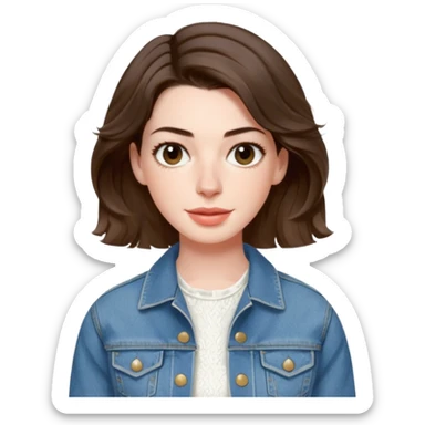 Anne Hathaway with short wavy hair with white cotton dress and denim jacket sticker