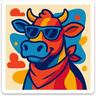 a cool cow wearing sunglasses and a neckerchief, fun modern style, vibrant toon sticker
