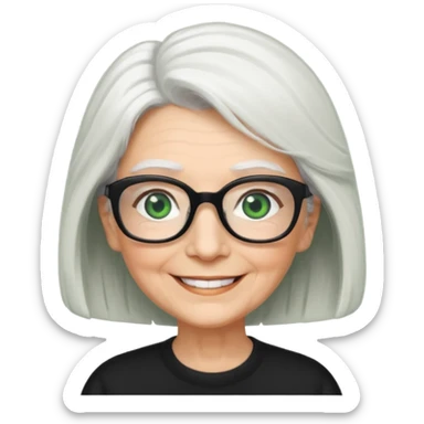 White hair grandma, green eyes, hair to shoulder, lokeg black glasses, rectangles face, smile , sticker
