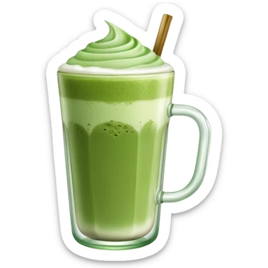 transparent glass filled with matcha latte, visible green color and foam sticker