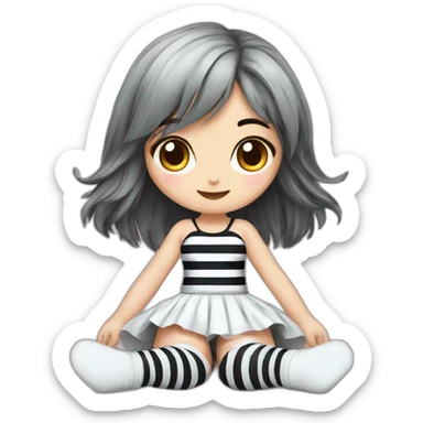 Frontal view curvy emo girl sits white skirt striped stockings hands up sticker