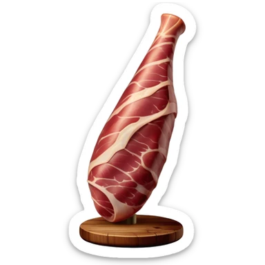 ​Cinematic Realistic Spanish Jamón Leg, depicted as a massive, cured leg of Jamón serrano with a deep reddish-brown hue, intricately marbled and slightly glossy with age, elegantly displayed on a rustic wooden stand and bathed in warm, soft lighting that accentuates its artisanal heritage, sticker