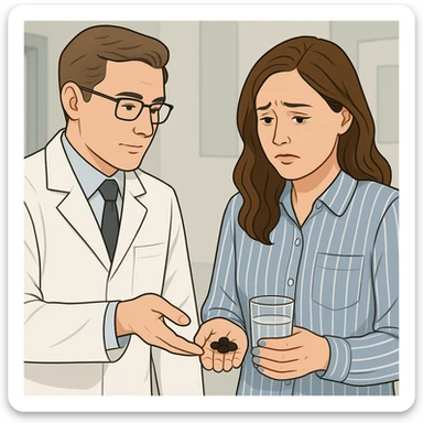 A realistic or illustrative style image of a doctor in a white coat handing medicine to a worried woman holding pills. The background is clinical, inspired by the reference image. sticker