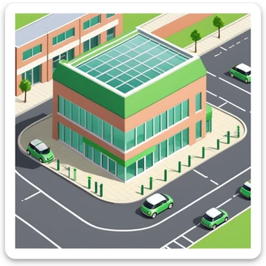 Isometric Waitrose supermarket building with green branding, brick exterior, glass entrance, British parking area with Mini Cooper cars sticker