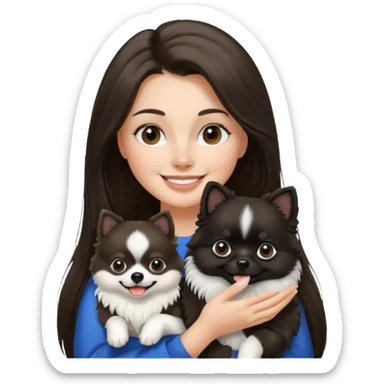 A woman who has brunette long hair is holding a black and white 1 Pomeranian dog who has black face but in the middle he has a white line from the nose sticker