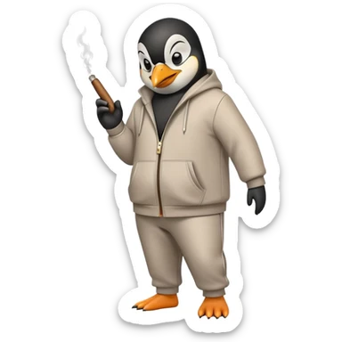 friendly anthropomorphised penguin wearing a mafia-style tracksuit, holding a cigar, secretive scheming pose, angry expression, stomping while walking sticker