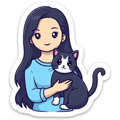 beautiful girl with long black hair holding a silver-colored cat sticker