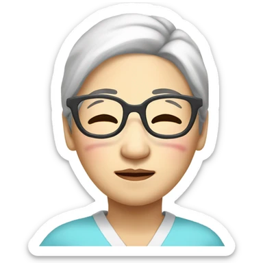 Chinese senior women with chubby cheeks sleeping in bed wear glasses sticker