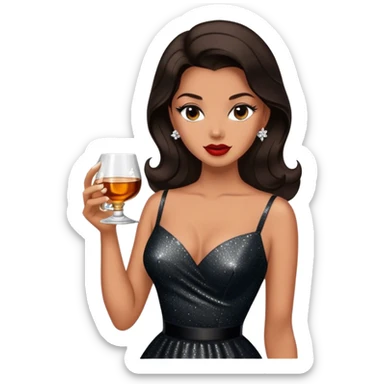 Beautiful woman in 1950’s woman fashion look, black shimmery dress, long dark brown hair, whisky with ice sticker
