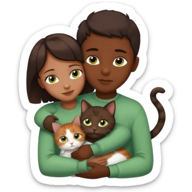 Crea un emoji donde salga un chico moreno con los ojos claros, una chica morena con los ojos marrones y SOLO UN gato europeo comun de pelaje oscuro y ojos verde claro, quiero que se esten abrazando y el gato este en el medio del chico y la chica sticker