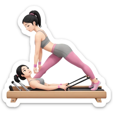 Create a Pilates emoji: a girl with fair skin and black hair, wearing a grey bra and grey leggings with pink pilates socks, on all fours on a wooden reformer. Make it look at the reformer. Make the colors neutrals. sticker