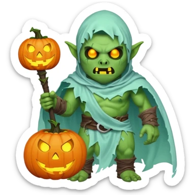 male orc warrior ghost emoji, green skin, tusks, wearing torn white ghost sheet costume, holding glowing jack-o'-lantern, faint blue aura, friendly but spooky expression, Halloween fantasy theme, Apple emoji style, clean white background, square sticker