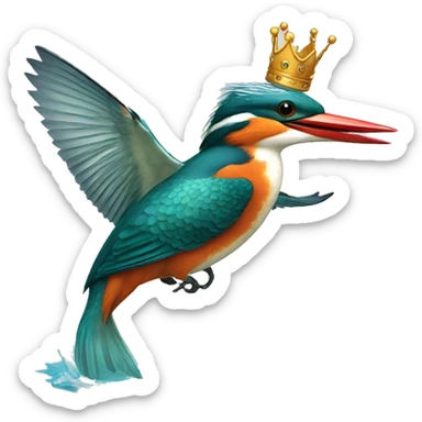  FLYING KING FISHER, WITH A FISH IN THE MOUTH ABOVE THE WATERS WITH A CROWN sticker