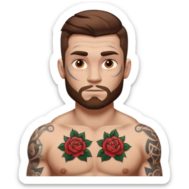 tattoo man, white skintone,brown hair, tattoos on face, more visible, bulky man with tattos on his chest. sticker