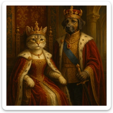 queen cat sitting on throne, king dog standing beside, royal atmosphere sticker