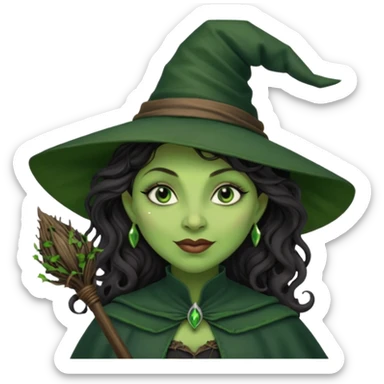 elphaba the wicked witch from wicked movie (cynthia erivo) dark long curly hair, thick lips, wide nose, green skins, witch hat, witch broom, evil, wicked musical film, smirk sticker