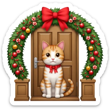 A door with a cat in front of it with h christmas elements sticker