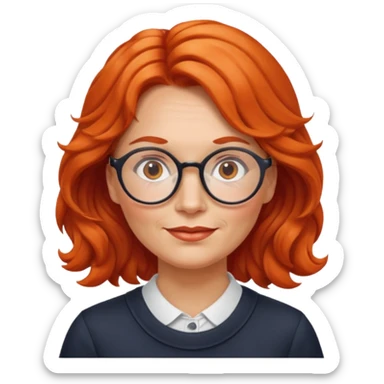 Norwegian woman, middle-aged, red-orange wavy hair tied to the left, big round glasses sticker