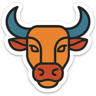 stylized ox head icon, large horns, curved snout, strong jaw, modern icon style sticker