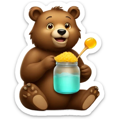 bear eats honey from jar sticker