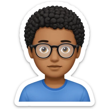 Menino moreno com cabelo curto cacheado preto, de óculos preto e blusa azul sticker